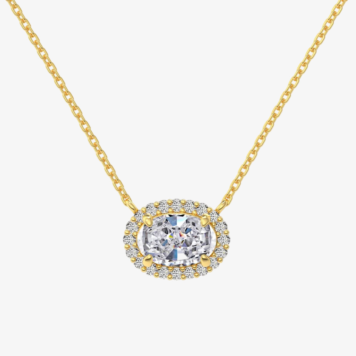 Gold necklace with a diamond pendant on a white background