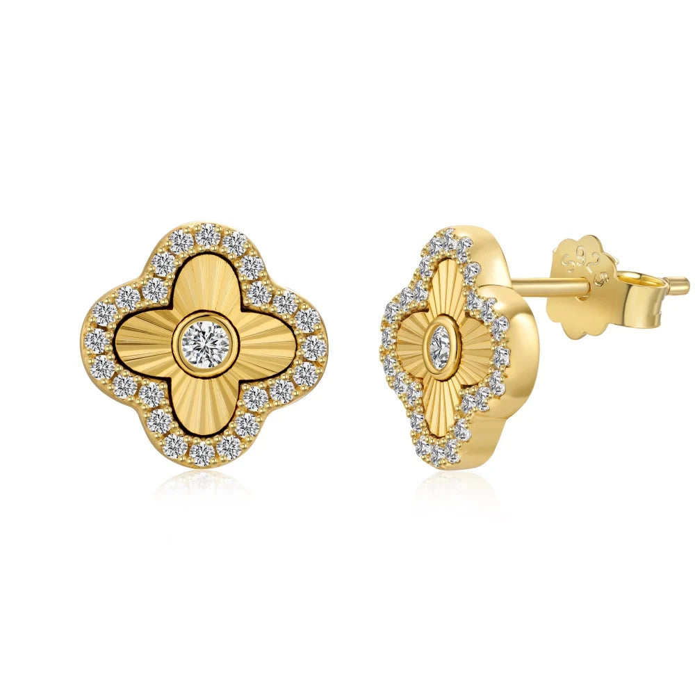 Dylam Fashion Design Rhodium 18K Gold E-coating Plated S925 Silver Laser Surface Texture 5A Zirconia Clover Jewel Stud Earrings Foshan Dylam Trade Co., Ltd.